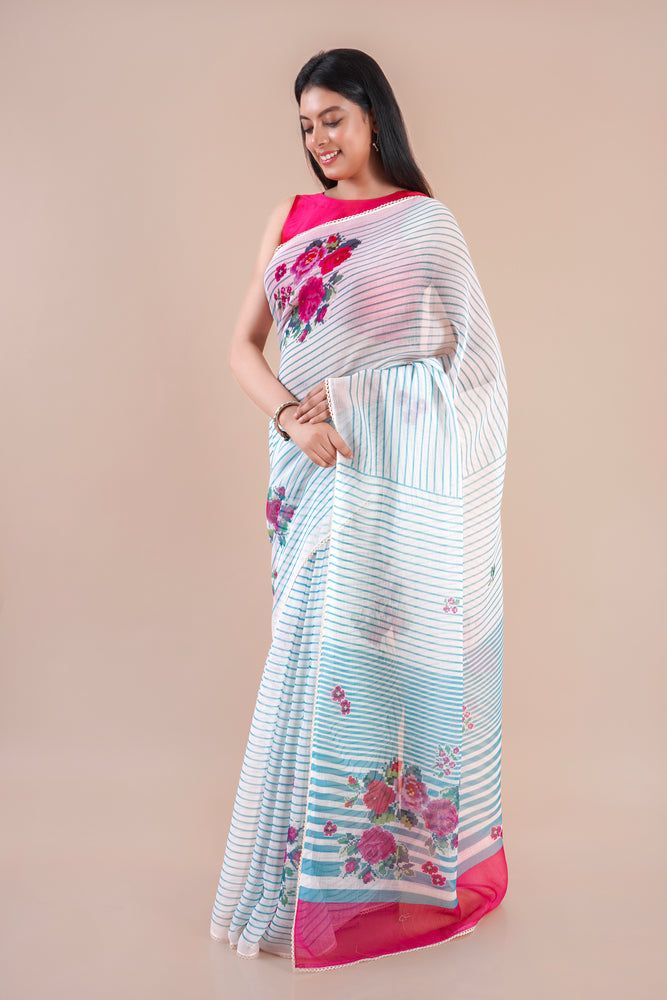 Lunora| Blue Floral Printed Poly Linen Saree