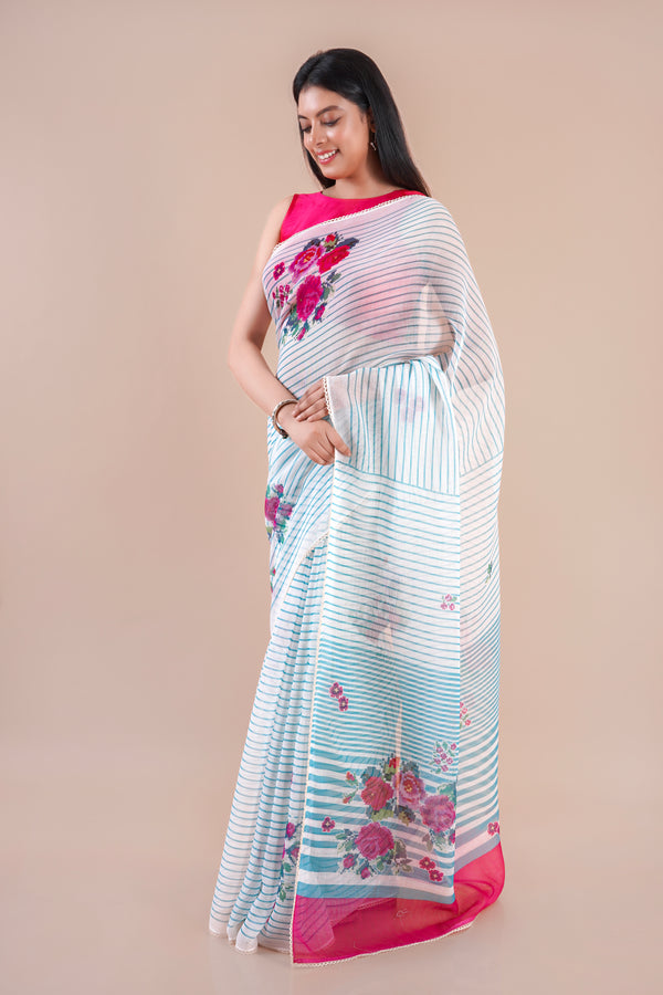 Lunora| Blue Floral Printed Poly Linen Saree