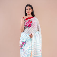 Lunora| Blue Floral Printed Poly Linen Saree