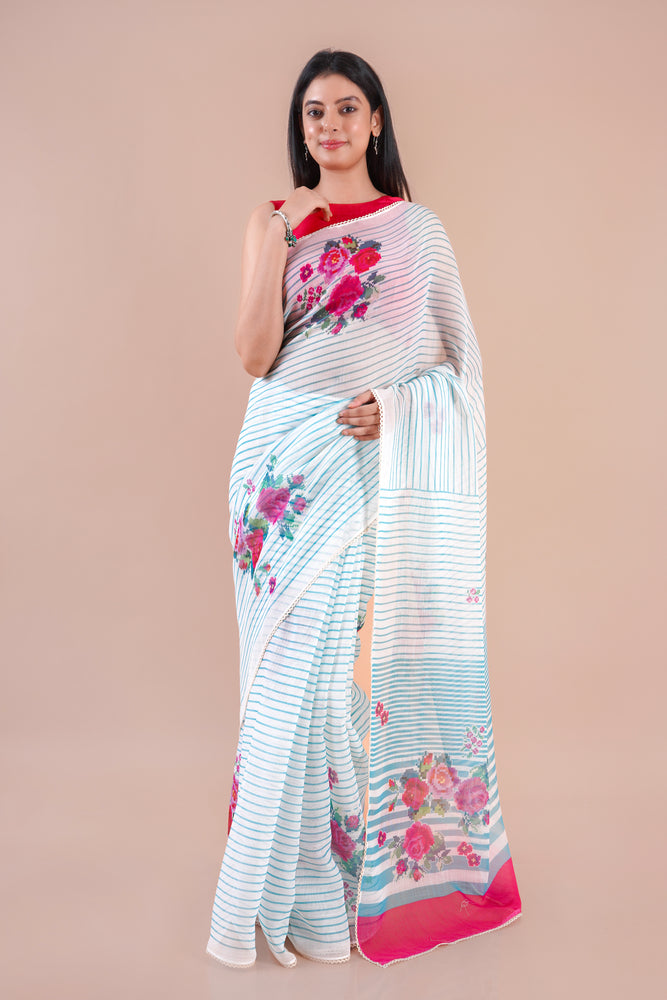 Lunora| Blue Floral Printed Poly Linen Saree
