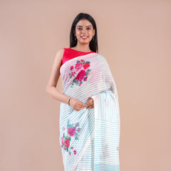 Lunora| Blue Floral Printed Poly Linen Saree