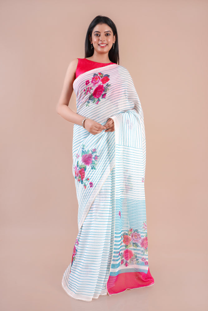 Lunora| Blue Floral Printed Poly Linen Saree