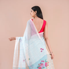 Lunora| Blue Floral Printed Poly Linen Saree