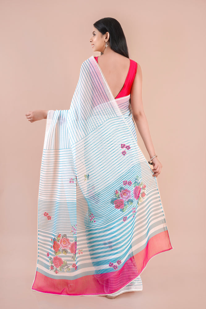 Lunora| Blue Floral Printed Poly Linen Saree