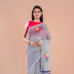 Verdara| Grey Floral Printed Poly Linen Saree