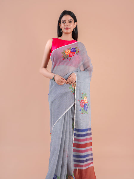 Verdara| Grey Floral Printed Poly Linen Saree