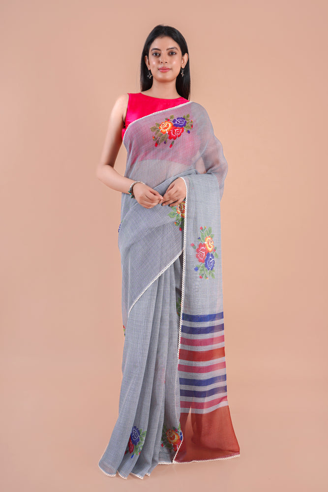 Verdara| Grey Floral Printed Poly Linen Saree