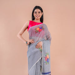 Verdara| Grey Floral Printed Poly Linen Saree