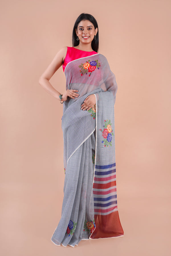 Verdara| Grey Floral Printed Poly Linen Saree