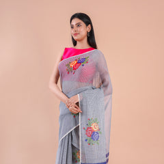 Verdara| Grey Floral Printed Poly Linen Saree