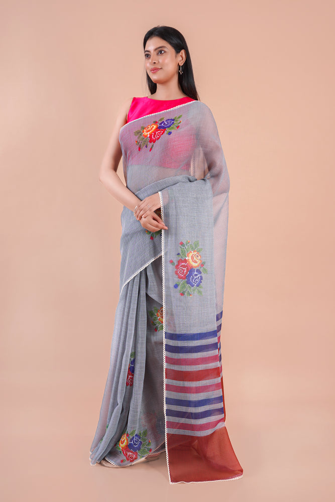Verdara| Grey Floral Printed Poly Linen Saree