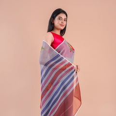 Verdara| Grey Floral Printed Poly Linen Saree