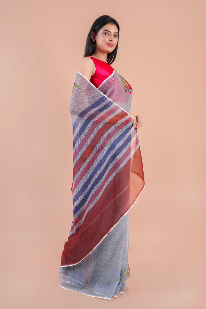 Verdara| Grey Floral Printed Poly Linen Saree