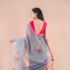 Verdara| Grey Floral Printed Poly Linen Saree