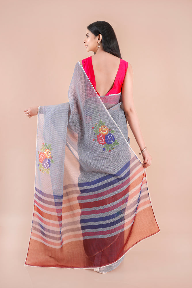 Verdara| Grey Floral Printed Poly Linen Saree