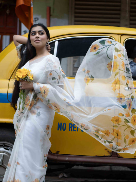 Sunlit petals Premium White Organza Saree for Celebrations & Events