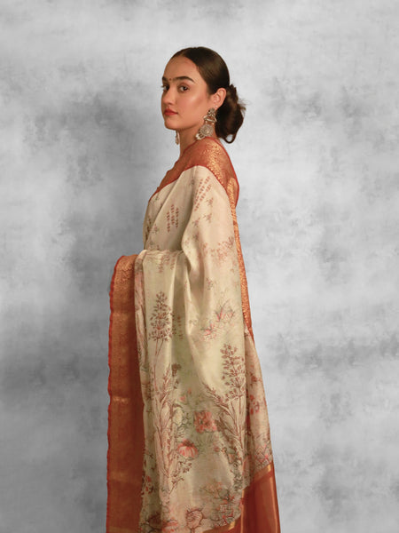 Burst of orange blossoms Light Beige Chanderi Zari Woven Saree with Deep Brown Border Elegance