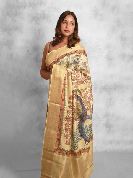 Forest dream Light Yellow Chanderi Zari Woven Saree with Golden Border Elegance