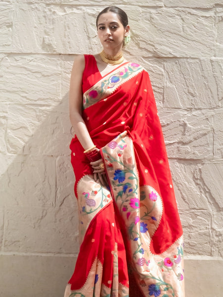 Gulmohar splendor Elegant Red Khaddi Woven Saree with Gond Art Print & Zari Border