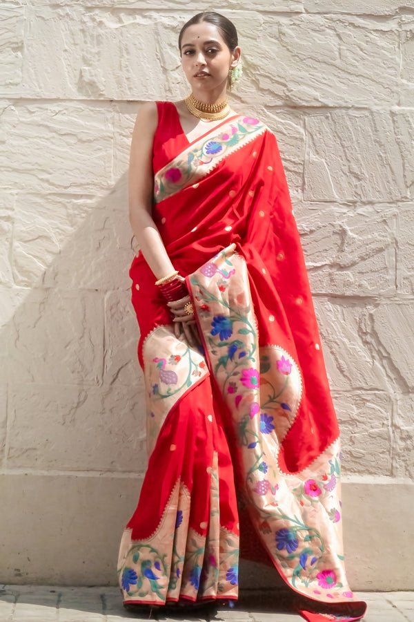 Gulmohar splendor Elegant Red Khaddi Woven Saree with Gond Art Print & Zari Border