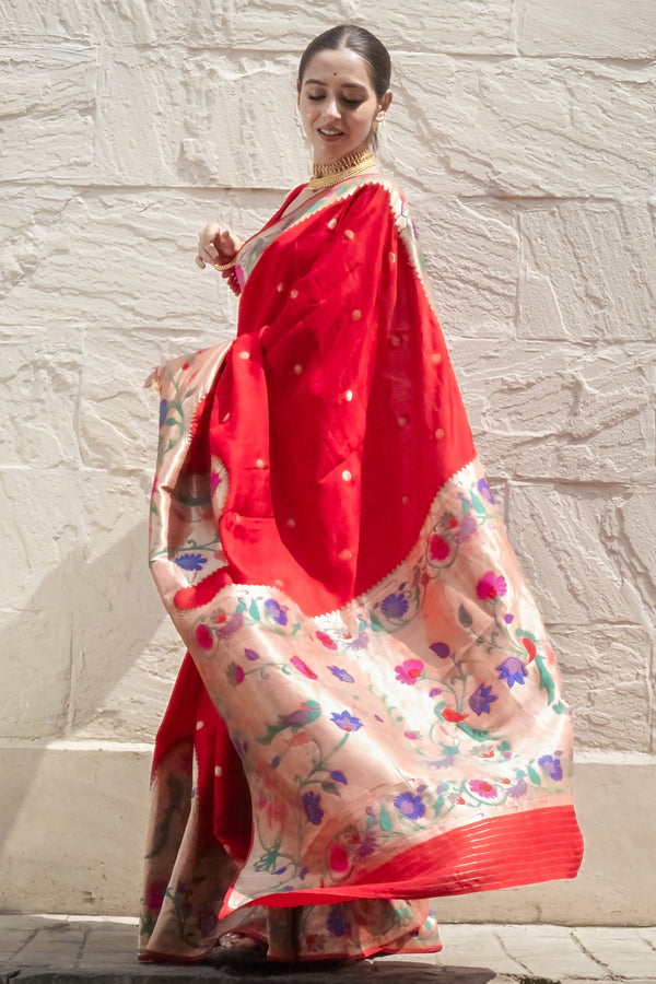 Gulmohar splendor Elegant Red Khaddi Woven Saree with Gond Art Print & Zari Border