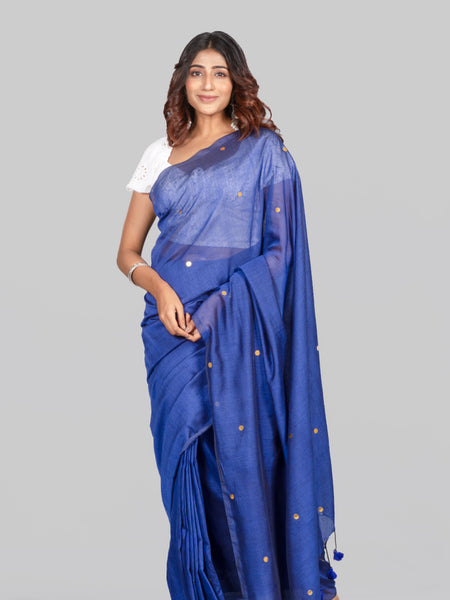 Cloud Navy Blue Mulmul Saree – Lightweight Soft Cotton Ethnic Wear Saree