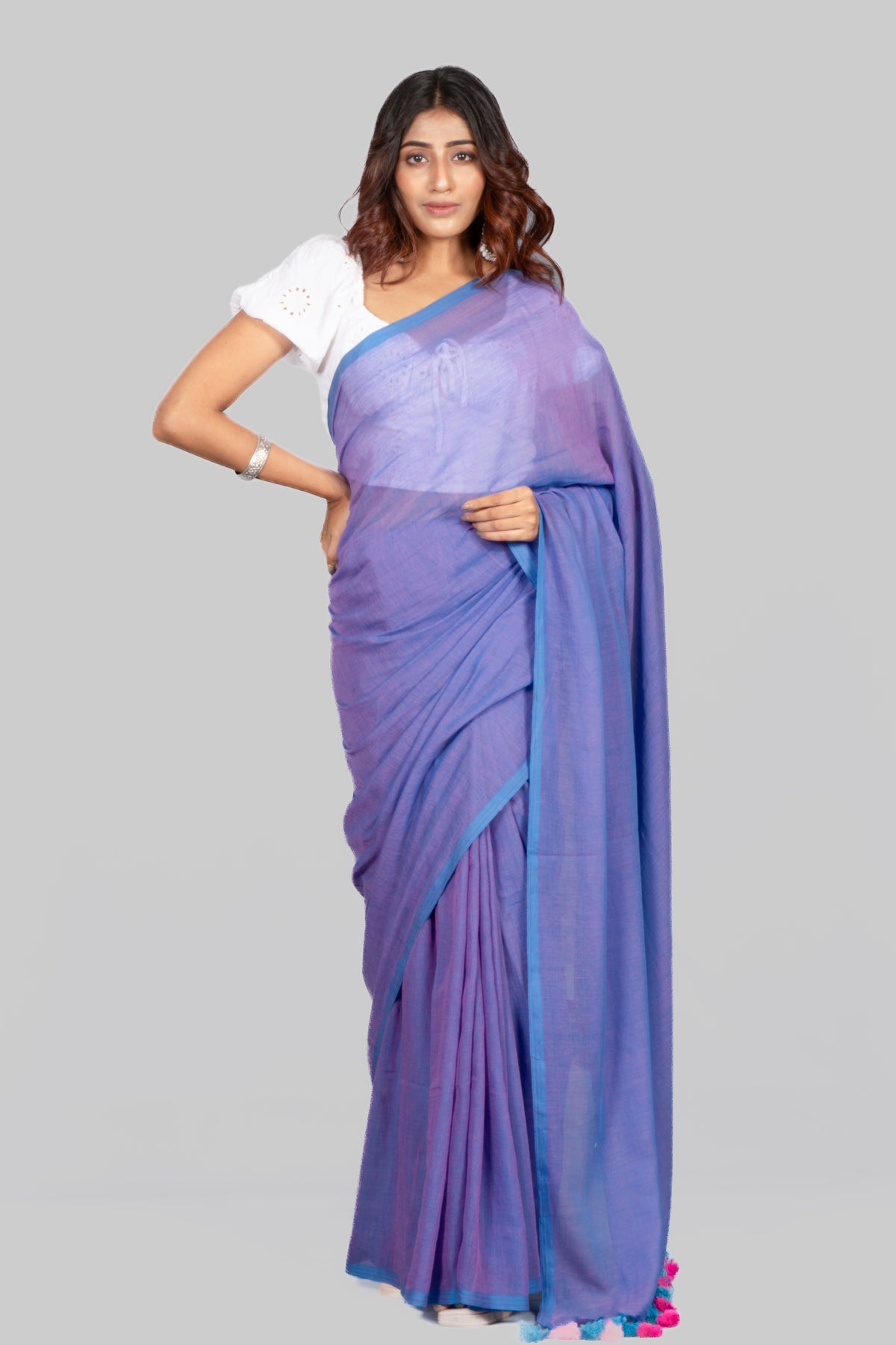Blue Poppy Dual Tone Mulmul Saree – Soft Lightweight Cotton Blend Elegant Drapes