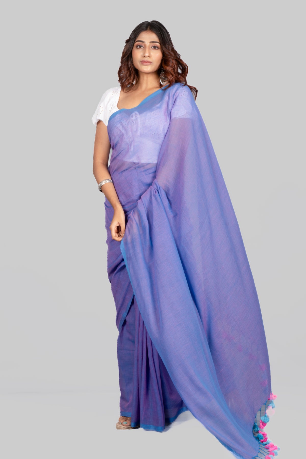 Blue Poppy Dual Tone Mulmul Saree – Soft Lightweight Cotton Blend Elegant Drapes