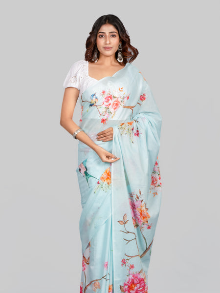 Blue bird Elegant Sky Blue Mulmul Floral Digital Print Saree for Women