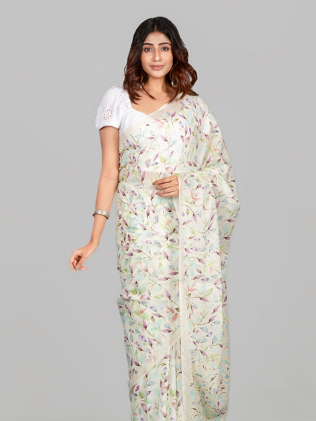 Foliage Lightweight White Mulmul Saree with Digital Floral Design