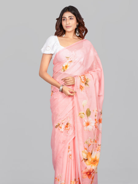 Dahlia Lightweight Pink Mulmul Saree with Digital Floral Design