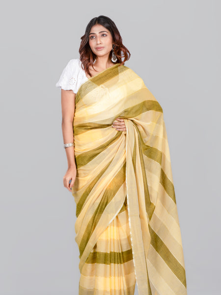 Dirty martini Soft Shaded Olive Green Mulmul Cotton Saree for Women