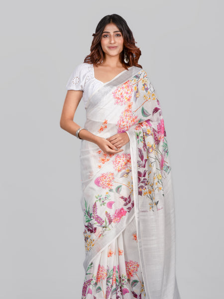 Frosty petals | Women's White Linen Saree for Festive & Office Wear