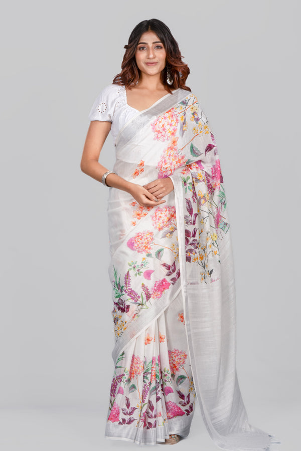 Frosty petals | Women's White Linen Saree for Festive & Office Wear