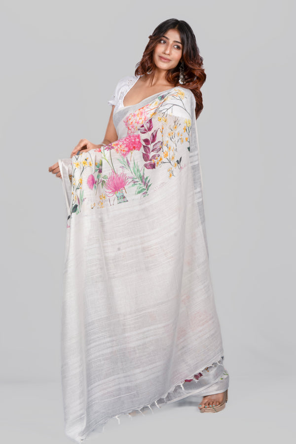 Frosty petals | Women's White Linen Saree for Festive & Office Wear