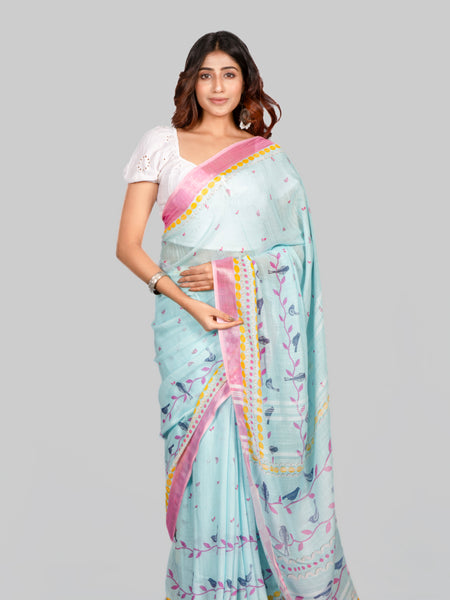 Leaf bird Turquoise Floral Printed Cotton Linen Saree for Women