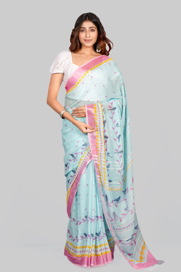 Leaf bird Turquoise Floral Printed Cotton Linen Saree for Women