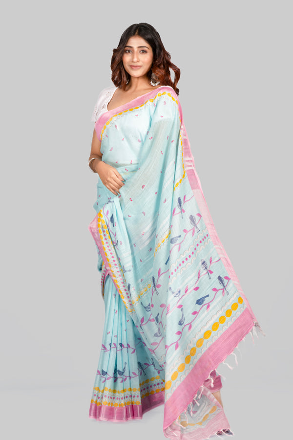 Leaf bird Turquoise Floral Printed Cotton Linen Saree for Women