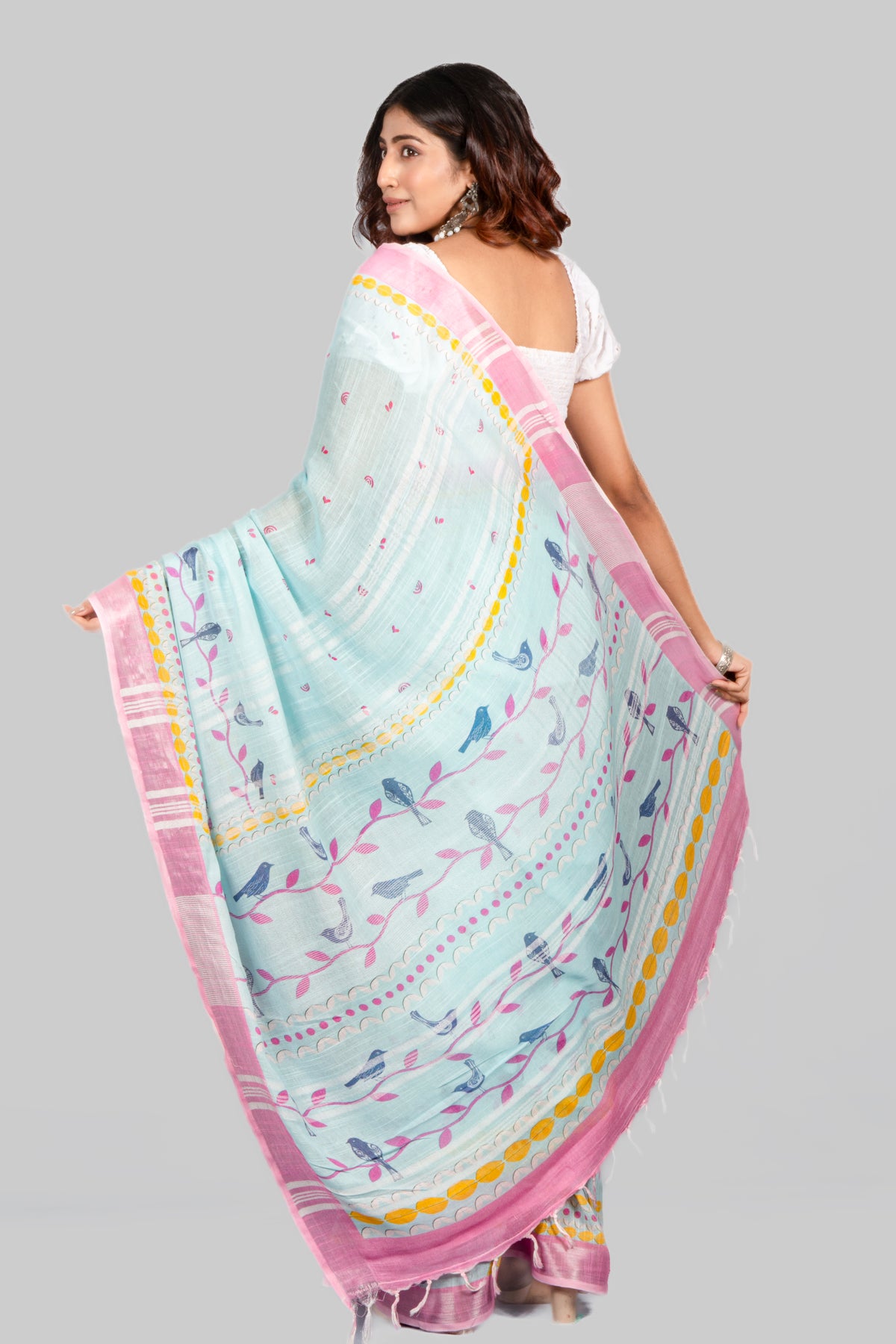 Leaf bird Turquoise Floral Printed Cotton Linen Saree for Women