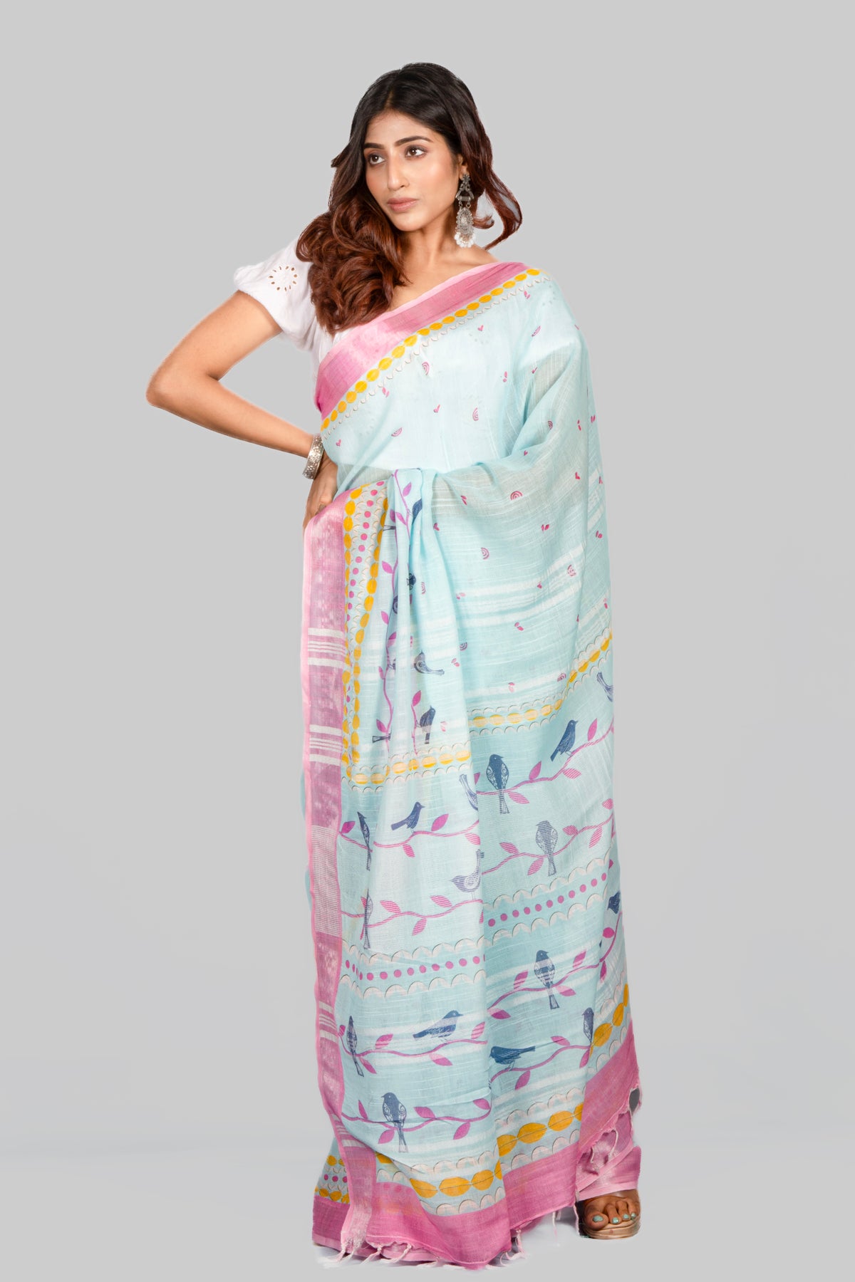Leaf bird Turquoise Floral Printed Cotton Linen Saree for Women