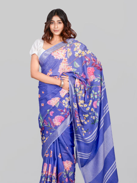 Blue bird 1 Women's Ink Blue Cotton Linen Saree for Festive & Office Wear