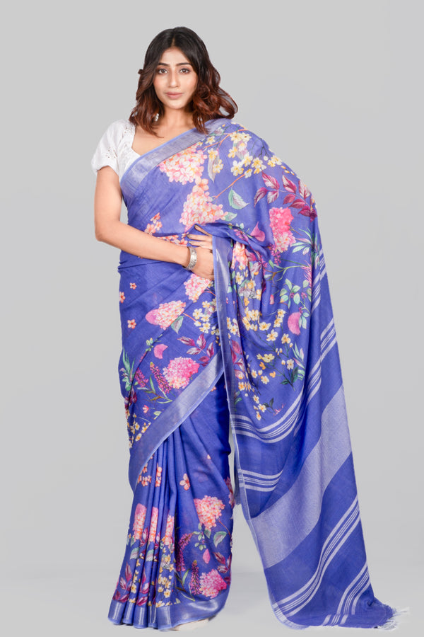 Blue bird 1 Women's Ink Blue Cotton Linen Saree for Festive & Office Wear