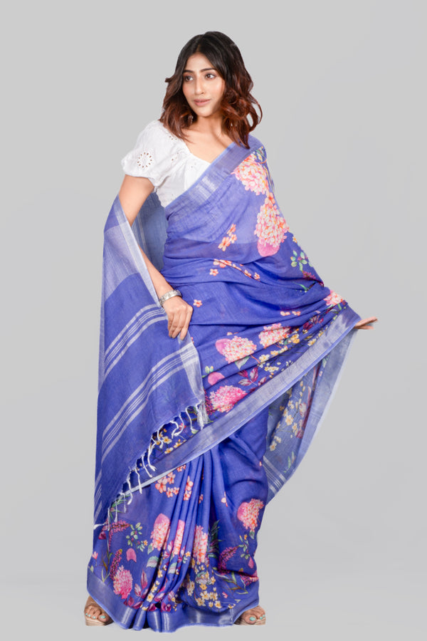 Blue bird 1 Women's Ink Blue Cotton Linen Saree for Festive & Office Wear