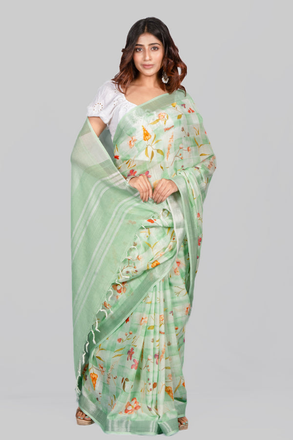 Sea shell Elegant Pastel Green Cotton Linen Floral Digital Print Saree