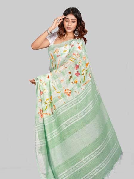Sea shell Elegant Pastel Green Cotton Linen Floral Digital Print Saree