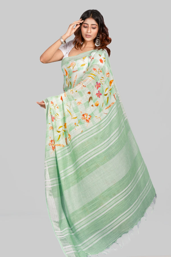 Sea shell Elegant Pastel Green Cotton Linen Floral Digital Print Saree
