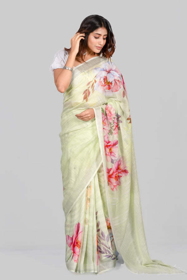 Pistachio | Pastel Green Floral Printed Cotton Linen Saree for Women