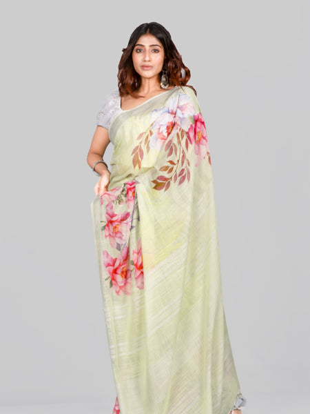Pistachio | Pastel Green Floral Printed Cotton Linen Saree for Women