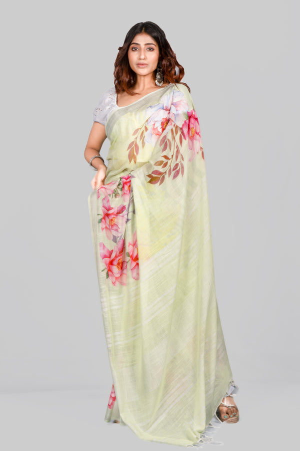 Pistachio | Pastel Green Floral Printed Cotton Linen Saree for Women