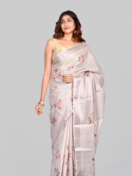Rosy Ivory Cotton Linen Saree with Silver Zari Border and Digital Floral Print